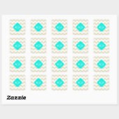 Sticker Carré Beige Blanc Chevron Aqua Quatrefoil 3 Monogramme (Feuille)