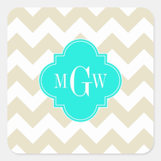 Sticker Carré Beige Blanc Chevron Aqua Quatrefoil 3 Monogramme (Devant)