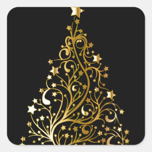 Sticker Carré Bel arbre de Noël métallique étoilé d'or