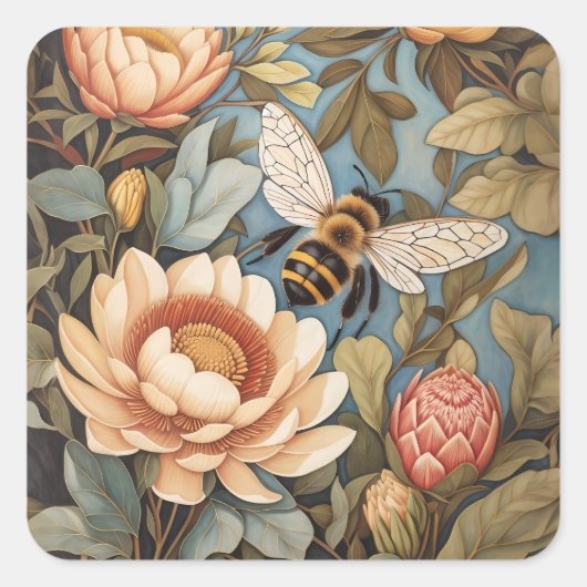 Sticker Carré Belle Abeille De Jardin Avec Fleurs Protea (Devant)