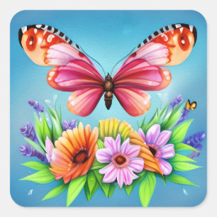 Sticker Carré Belle aquarelle colorée Papillon et Fleur