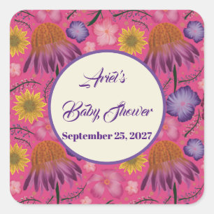Sticker Carré Belle Baby shower rose Fleur sauvage