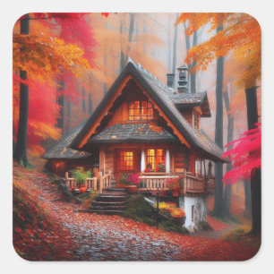 Sticker Carré Belle cabine douillette avec feuilles d'automne