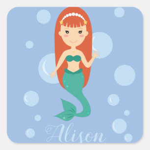 Sticker Carré Belle caricature de sirène fille nom personnalisé