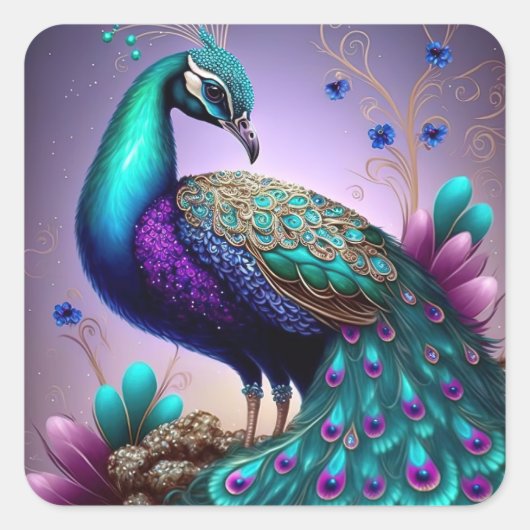Sticker Carré Belle couleur Peacock Paon Bird faune (Devant)