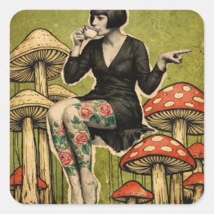 Sticker Carré Belle Dame Boit du Thé Assise sur des Champignons