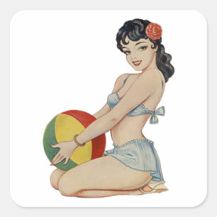 Sticker Carré Belle de plage - fille Pin- vintage