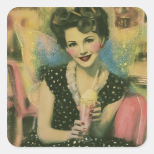 Sticker Carré Belle Fée des Années 1950 au Magasin de Glaces