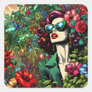 Sticker Carré Belle Femme dans le Jardin des Fleurs