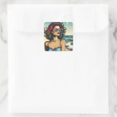 Sticker Carré Belle femme sur la plage Comic Book Pop Art (Sac)