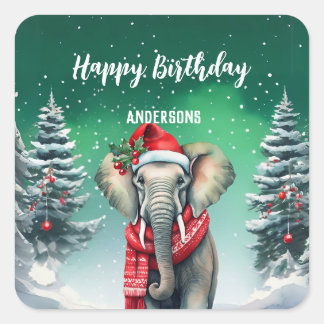 Sticker Carré Belle fête d'anniversaire d'éléphant de Noël