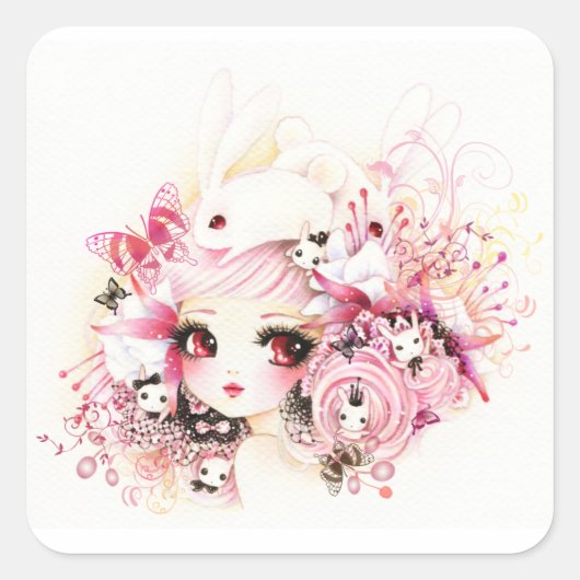 Sticker Carré Belle fille avec des lapins mignons (Devant)