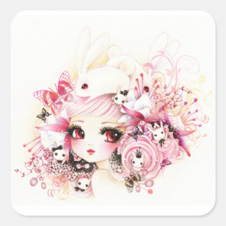 Sticker Carré Belle fille avec des lapins mignons