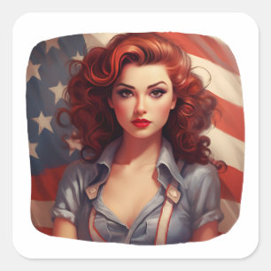 Sticker Carré Belle Fille Avec Un Drapeau Américain