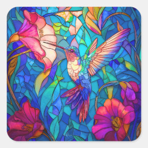 Sticker Carré Belle Fleur de colibri Jardin Vitrail