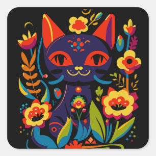 Sticker Carré Belle illustration d'art folklorique de chat noir 