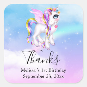 Sticker Carré Belle licorne avec Rainbow Mane Merci