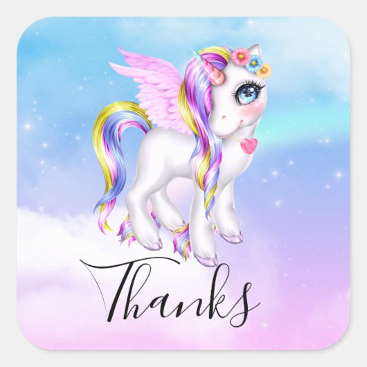 Sticker Carré Belle licorne avec Rainbow Mane Merci (Devant)