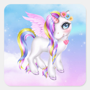 Sticker Carré Belle licorne avec Rainbow Mane & Tail