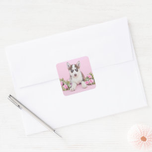 Sticker Carré Belle marionnette Husky aux roses roses roses