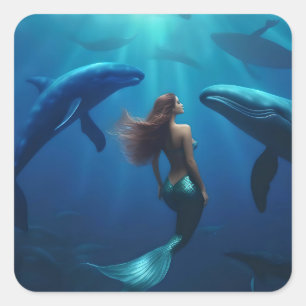 Sticker Carré Belle Sirène Nageant Avec Des Baleines À Bosse,