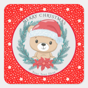 Sticker Carré Belle Teddy Rouge et Blanc Etoiles Joyeux Noël