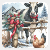 Sticker Carré Belle vache de vacances avec coq Noël (Devant)