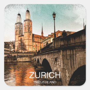 Sticker Carré Belle vue de la ville de Zurich Suisse vintage