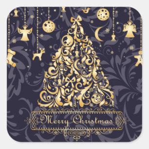 Sticker Carré Belles ornements de Noël violet et doré