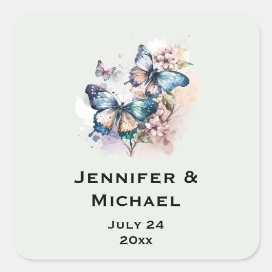 Sticker Carré Belles papillons et fleurs Mariage Date (Devant)