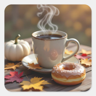 Sticker Carré Bénédictions d'automne, café chaud et beignet