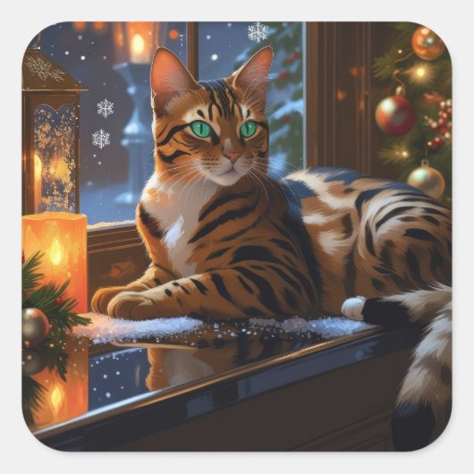 Sticker Carré Bengal Cat With Christmas Lights Holiday (Devant)