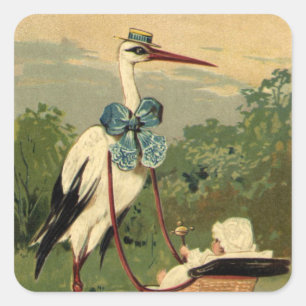 Sticker Carré Berceau et Cigogne de style victorien vintage