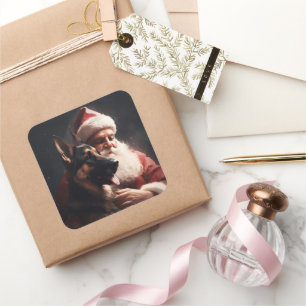 Sticker Carré Berger Allemand avec le Père Noël Festif de Noël