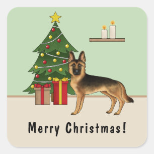 Sticker Carré Berger Allemand Noir Et Feu Et Un Arbre De Noël