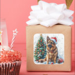 Sticker Carré Berger allemand par Snowy Christmas Tree<br><div class="desc">Célébrez les fêtes avec cet autocollant détaillé avec un berger allemand portant un chapeau de Père Noël, assis à côté d'un sapin enneigé orné de décorations colorées. Des flocons de neige éparpillés, des pinecones et des lumières féeriques illuminent l'atmosphère festive d'hiver. Ce design propre et isolé est parfait pour ajouter...</div>