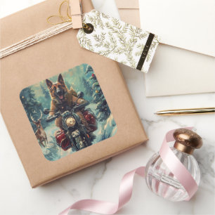 Sticker Carré Berger belge Chien à cheval Moto Noël