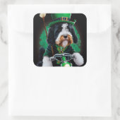 Sticker Carré Bernedoodle Chien conduisant vélo St. Patrick's Da (Sac)