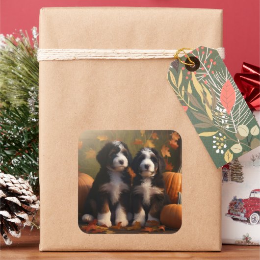 Sticker Carré Bernedoodle Chiot Automne Citrouille de plaisir (vacances)