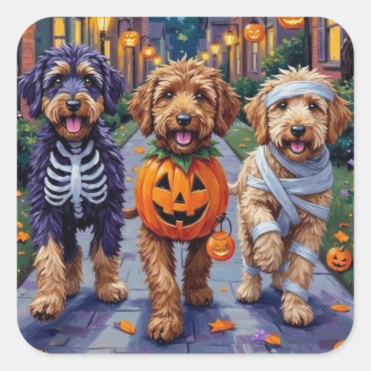 Sticker Carré Bernedoodle Dogs Trick or Treating in Halloween Co (Devant)