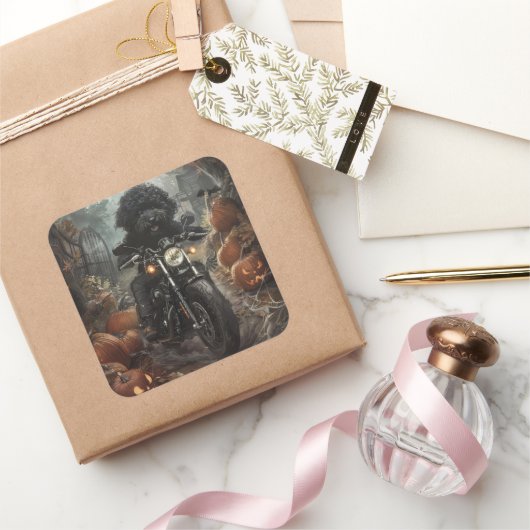 Sticker Carré Bernedoodle Riding Moto Halloween effrayant (Cadeaux)