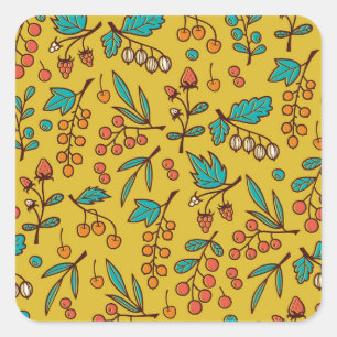 Sticker Carré Berries sur branches, motif naturel sans soudure.