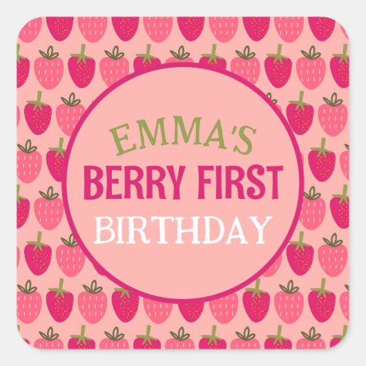 Sticker Carré Berry First Birday Nom personnalisé (Devant)