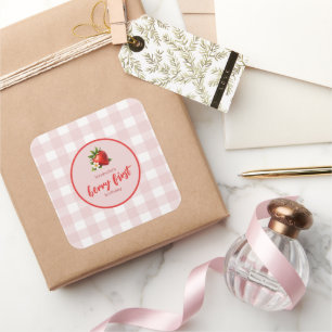 Sticker Carré Berry fraise Premier Anniversaire En vichy rose