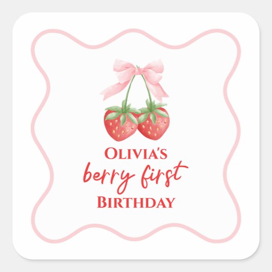 Sticker Carré Berry premier anniversaire de fraise Bow rose (Devant)