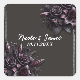 Sticker Carré Berry Purple & Black Lily Rose Mariage Floral