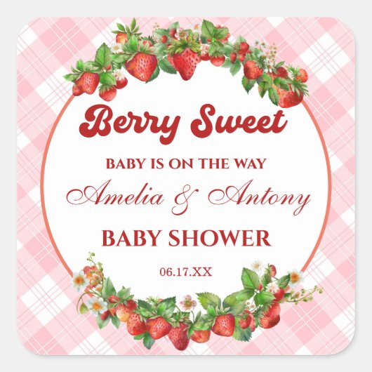 Sticker Carré Berry Sweet fraise rose En vichy Baby shower (Devant)