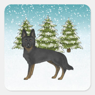 Sticker Carré Bi-noir berger allemand bleu vert forêt d'hiver