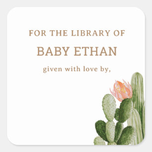 Sticker Carré Bibliothèque de livre de Baby Shower Cactus Bohème