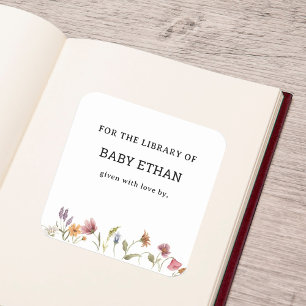 Sticker Carré Bibliothèque de livres de Baby Shower Floral de fl